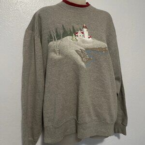 Top Stitch Morning Sun Blue Winter Scene Lighthouse Sweatshirt Size Large